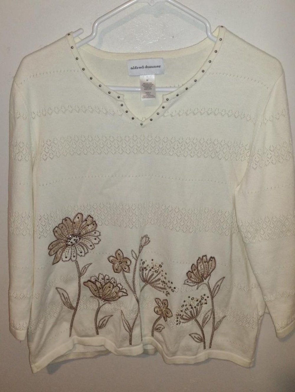 Alfred Dunner Cream V-Neck Sweater with Floral Embroidery